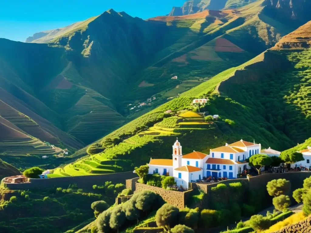 Vista panorámica de un pintoresco pueblo de las Islas Canarias, rodeado de exuberantes montañas verdes y campos en terrazas