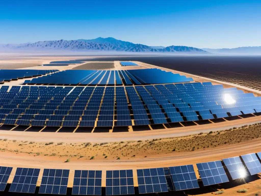 Vista panorámica de la planta de energía solar Villanueva en México, con paneles solares en el desierto bajo cielo azul