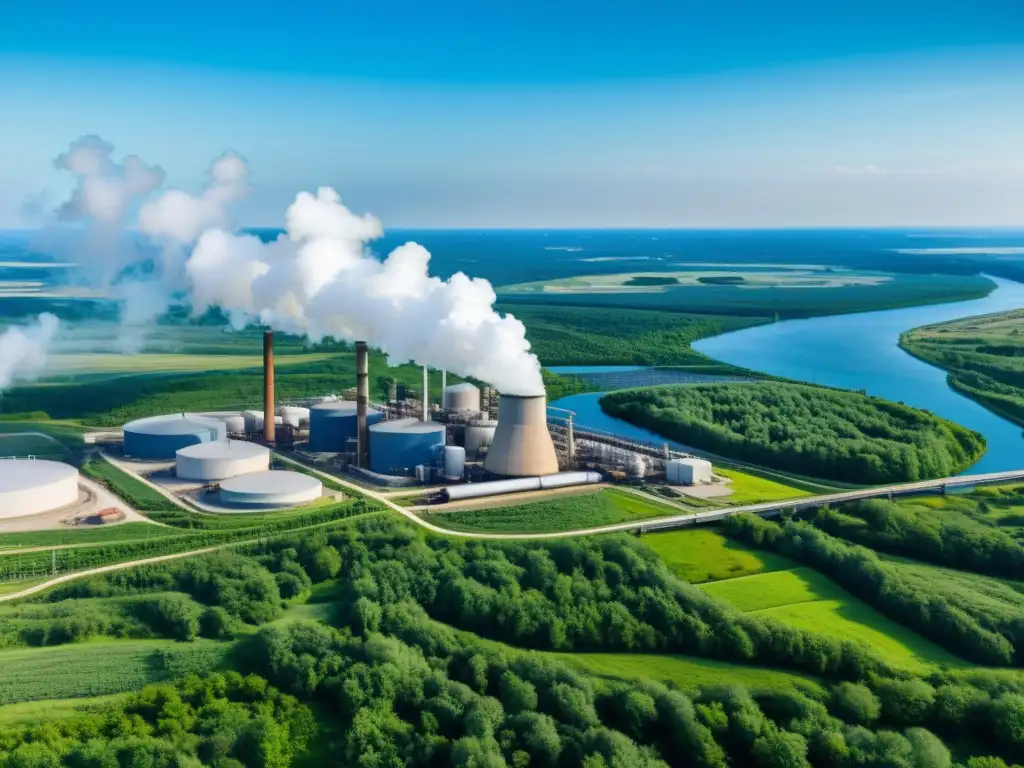 Vista panorámica de una planta industrial moderna integrada con la naturaleza, mostrando riesgos ecológicos en empresas