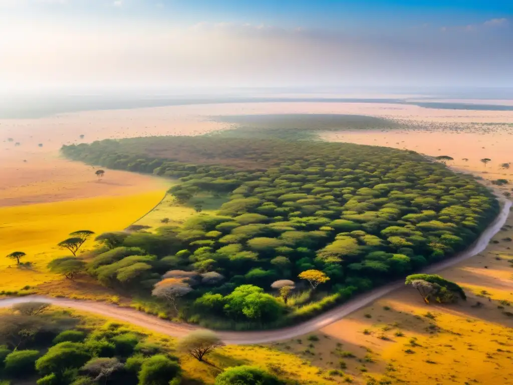 Vista panorámica de una sabana dorada con redes de senderos de insectos, resaltando el impacto de los insectos en la sabana, su diversidad y vitalidad