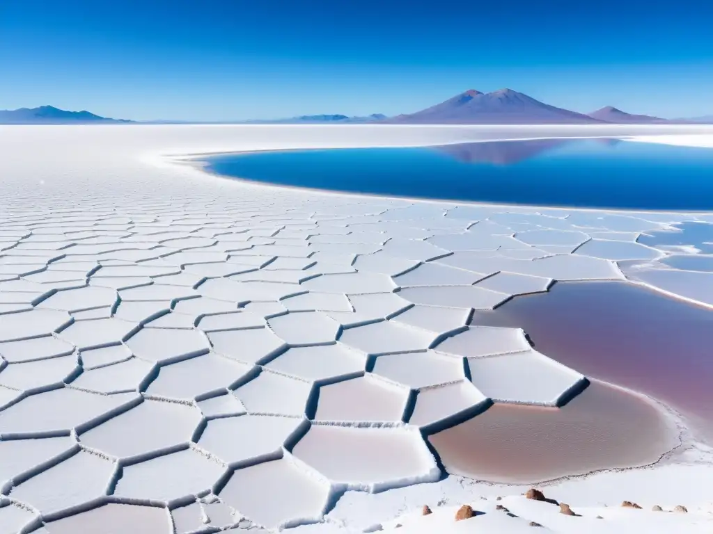 Vista panorámica del Salar de Uyuni con biodiversidad, flamencos rosados y montañas andinas al fondo