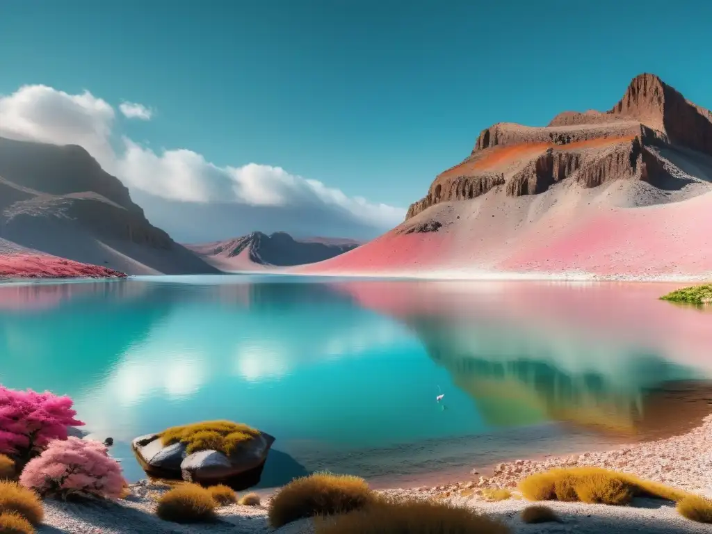 Vista panorámica serena de un lago alcalino rodeado de terreno rocoso, con una única flamenco en las aguas