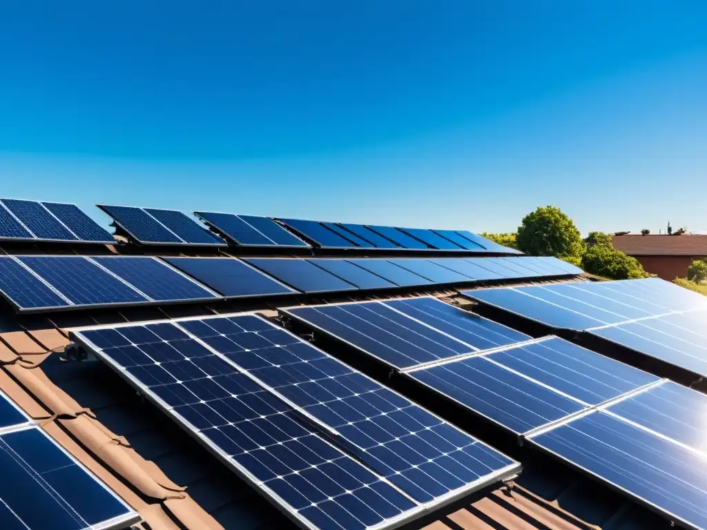 Vista panorámica de un techo residencial con paneles solares modernos, reflejando la luz del sol