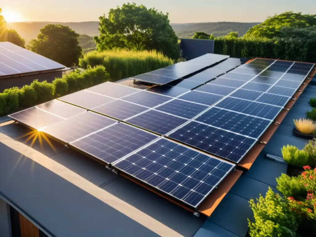 Vista panorámica de un tejado residencial con paneles solares, bañados por la cálido sol