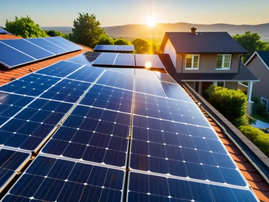 Vista panorámica de un tejado residencial cubierto de paneles solares con el sol brillando en el fondo