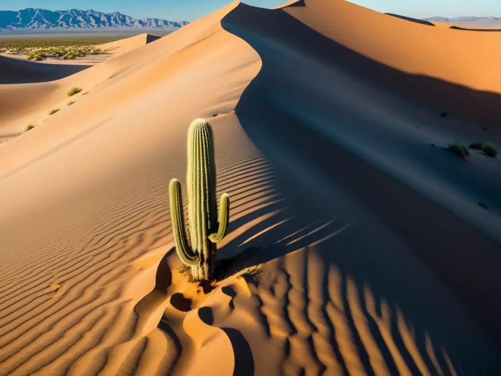 Vista panorámica del vasto desierto con dunas de arena y un sol brillante, mostrando la belleza de los ecosistemas áridos del mundo