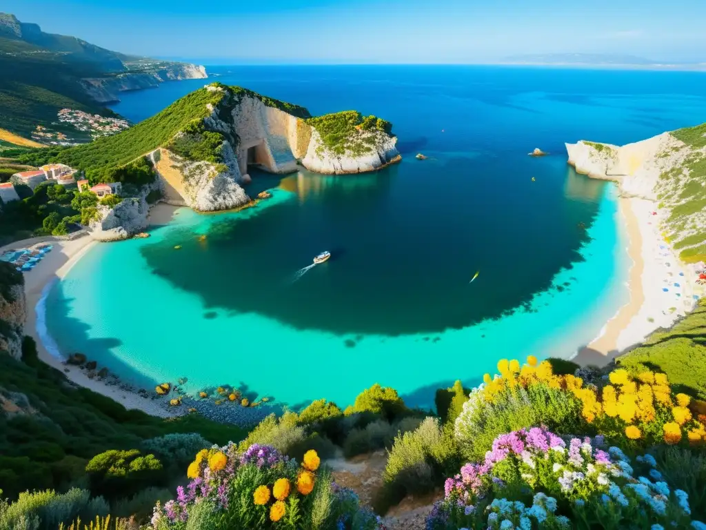 Vista panorámica de la vida silvestre endémica del Mediterráneo, con aguas turquesas, vegetación exuberante y un pintoresco pueblo pesquero