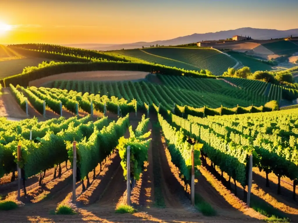 Vista panorámica de viñedos en España al atardecer, evocando tranquilidad y conexión a la tierra