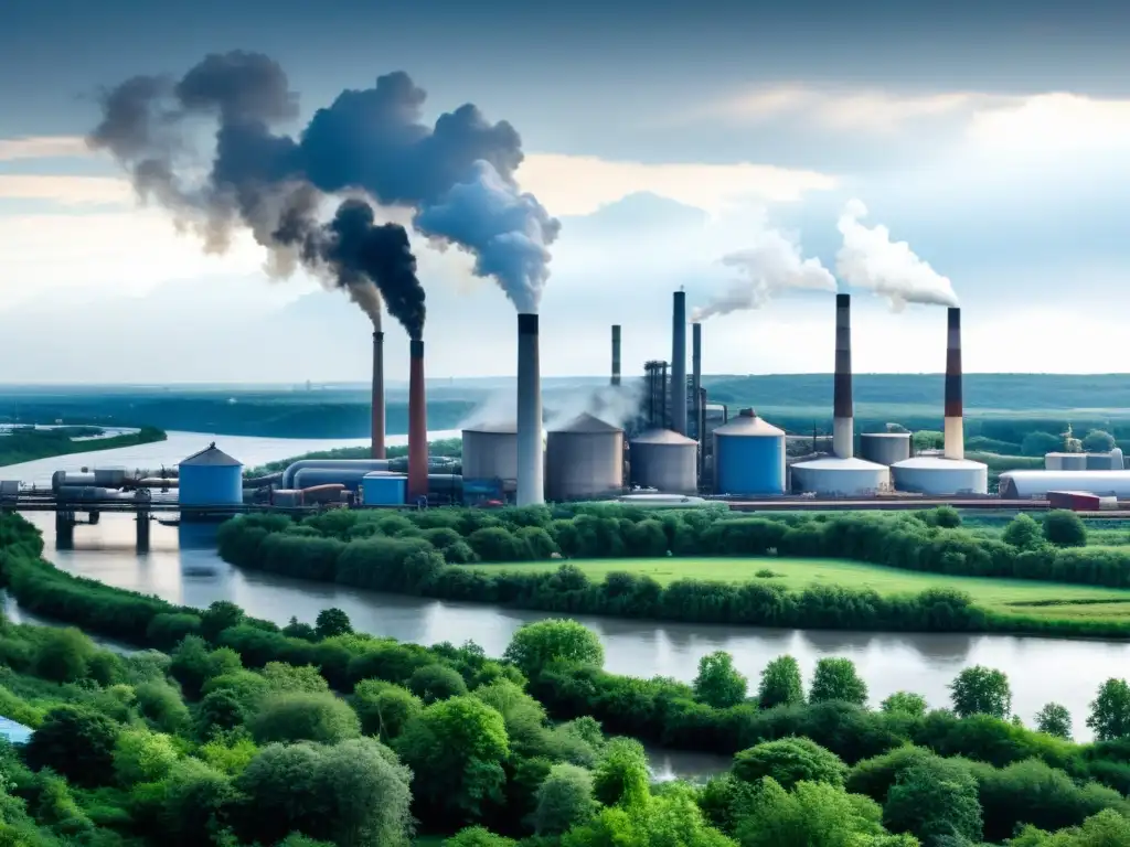 Vista panorámica de una zona industrial diversa con fábricas y chimeneas humeantes al fondo, rodeada de exuberante vegetación y un río en primer plano