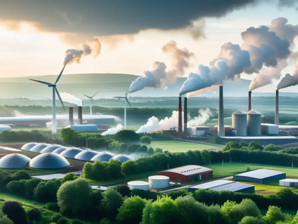 Contraste industrial: contaminación vs Vista panorámica de una zona industrial con humo y energía renovable, resaltando la urgencia de la consultoría cambio climático sector empresarial