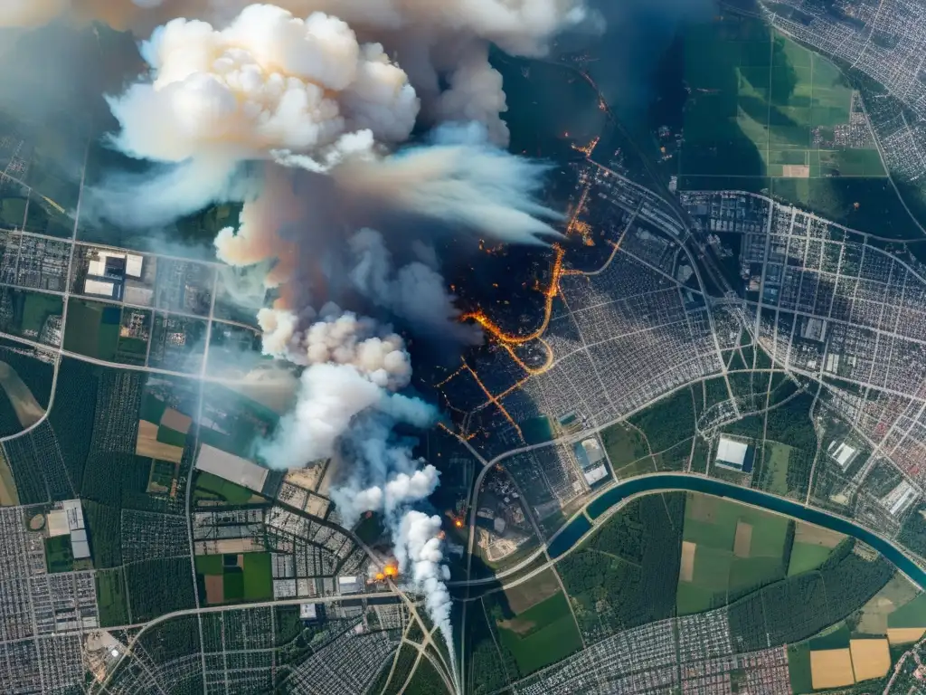 Vista satelital de área urbana densamente poblada junto a complejo industrial emitiendo humo y contaminantes