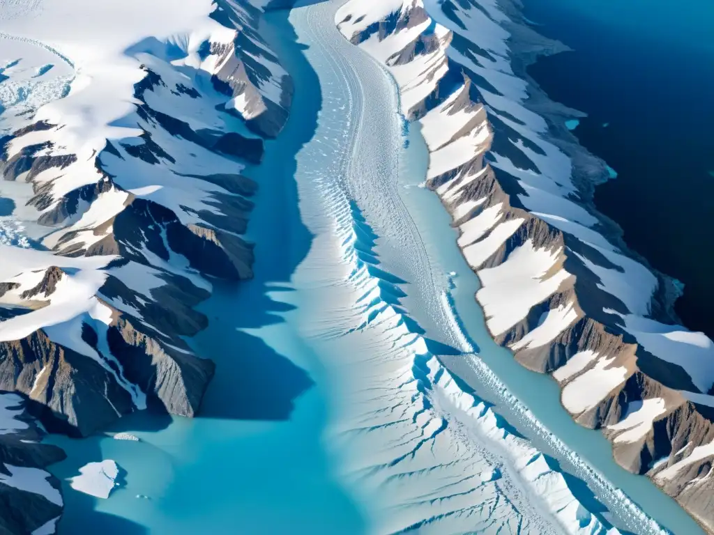 Glaciar majestuoso: vista satelital de alta resolución Vista satelital detallada de un glaciar, con la luz solar resaltando los tonos azules