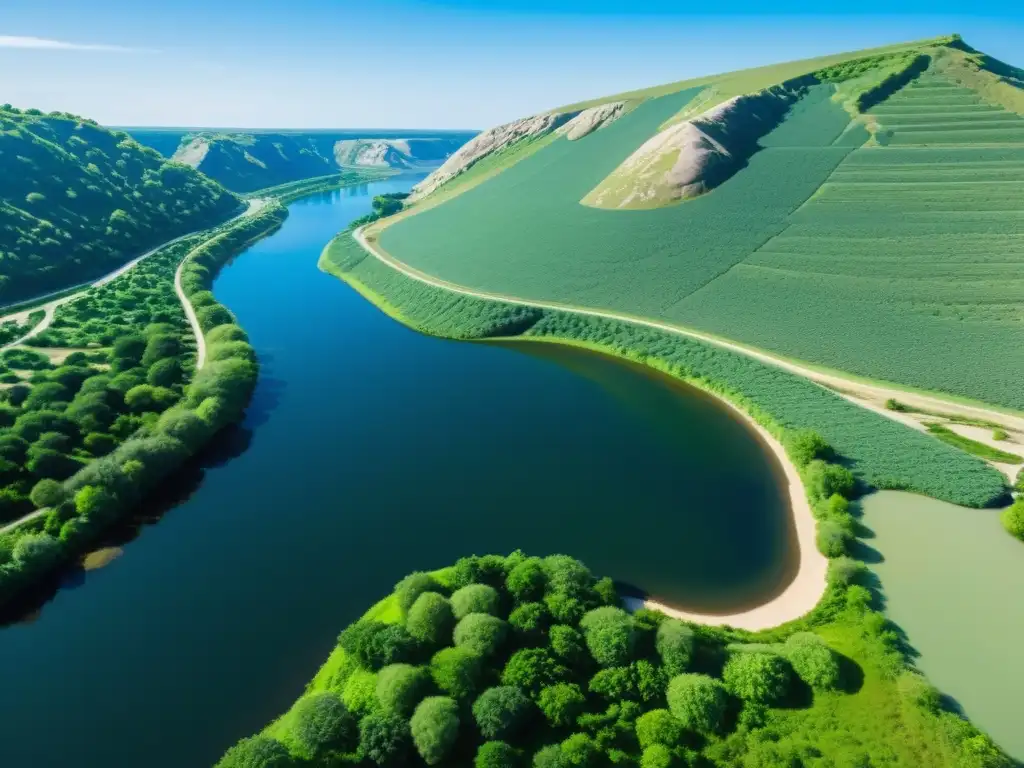 Vista serena de un río con bioingeniería para estabilización de riberas y exuberante vegetación