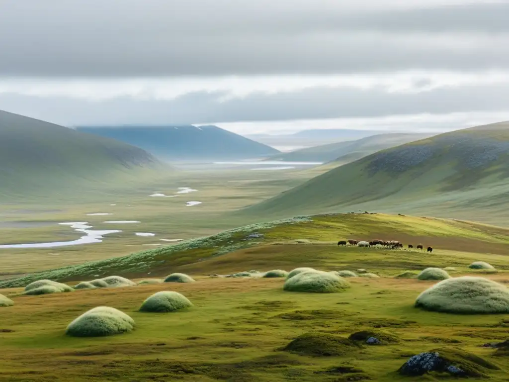 Vista serena de la tundra con nómadas pastoreando renos, resaltando la importancia de la tundra para nómadas