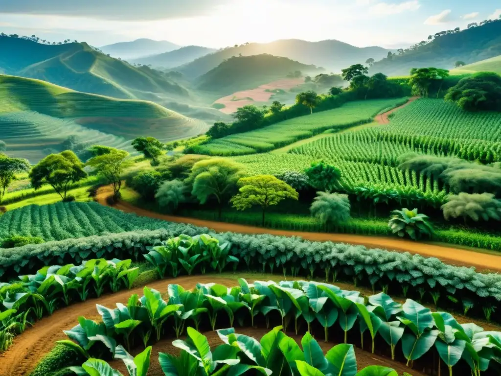 Vista de sistema agroforestal biodiverso con cultivos tradicionales, árboles frutales y fauna