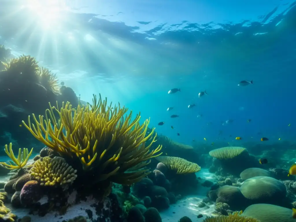 Vista submarina en un mar templado con bosques de algas, peces y nutrias