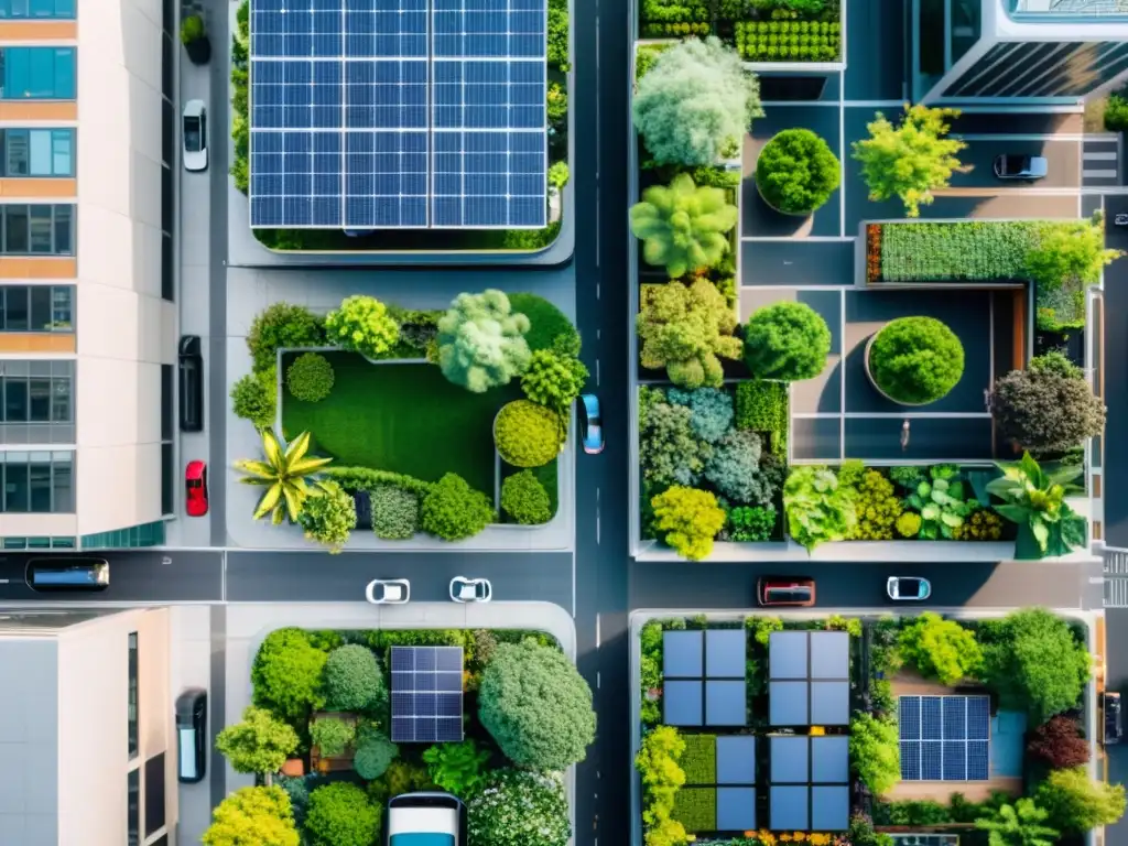 Vista urbana con bonos verdes economía circular: rascacielos, calles llenas de gente, infraestructura verde y desarrollo sostenible