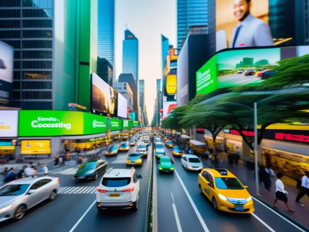 Vista urbana dinámica con estrategias de comunicación ambiental y compromiso ecológico