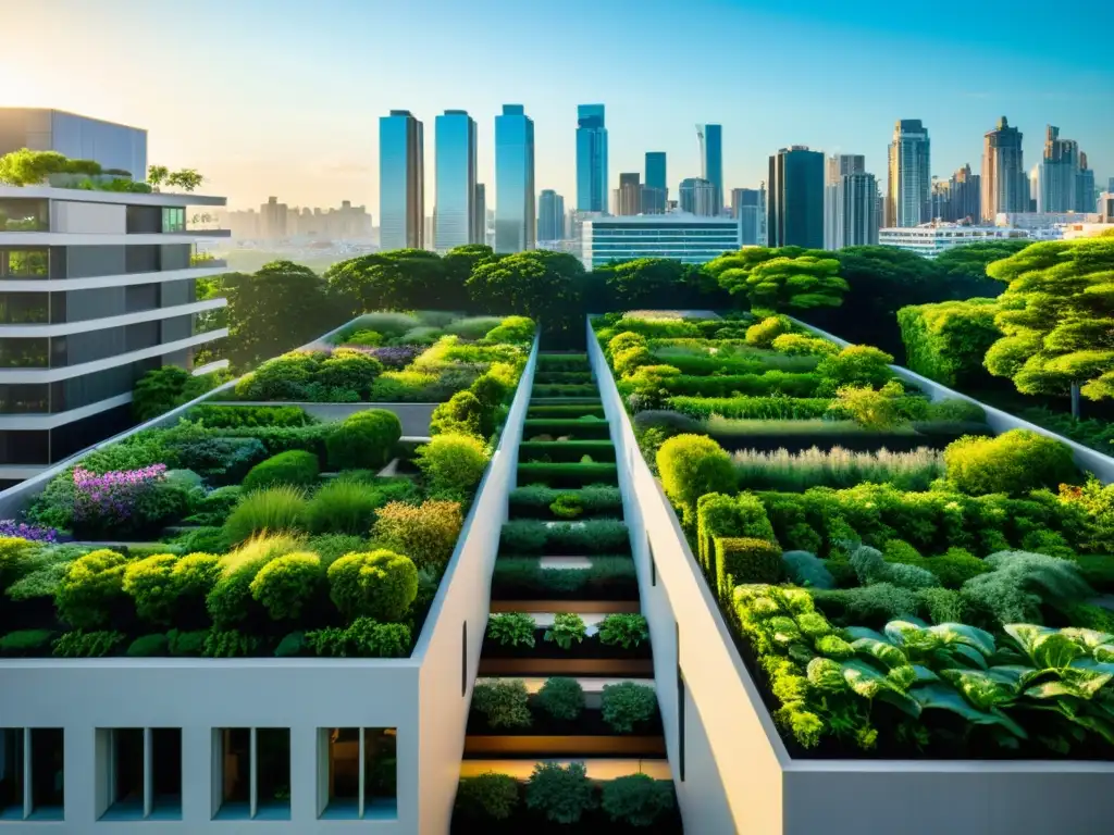 Vista urbana con rascacielos y jardines en azoteas