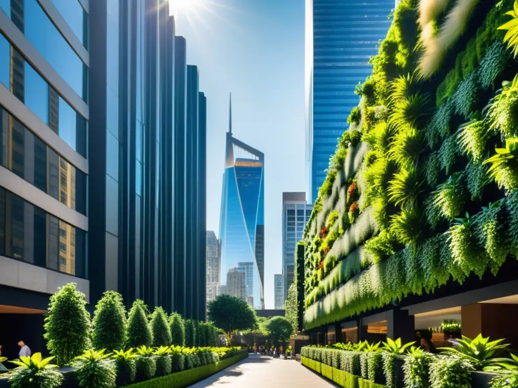 Vista urbana con rascacielos y jardines verticales, integración de naturaleza en ciudades