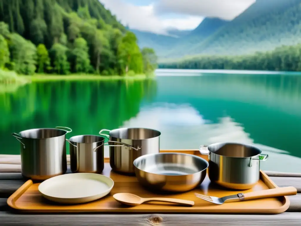 Vista de utensilios de cocina portátiles ecológicos en una mesa de campamento de madera rústica, con un bosque exuberante y un lago sereno al fondo