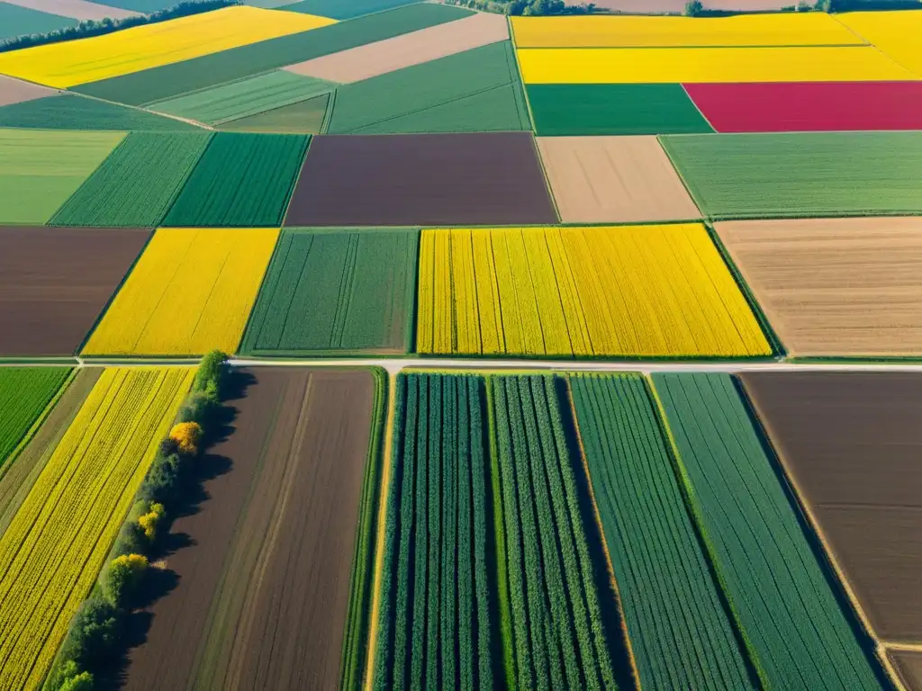 Vista aérea vibrante de paisaje agrícola diverso con adaptaciones agricultura cambio climático