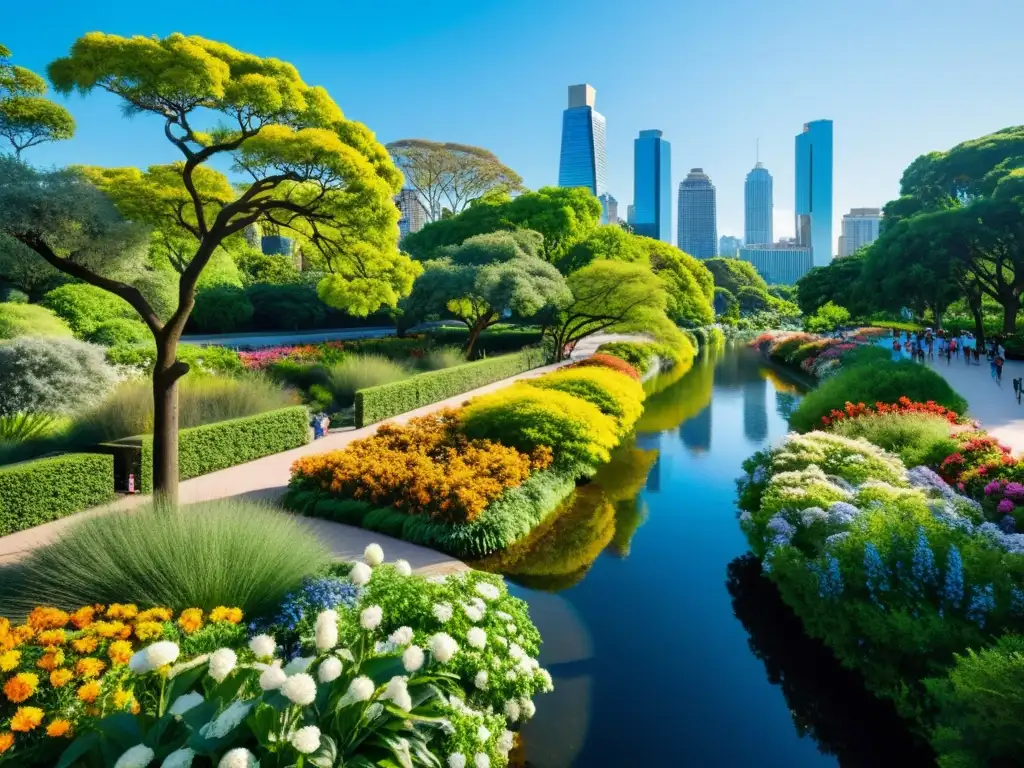 Vista vibrante de un parque lineal en la ciudad, con flora exuberante y río serpenteante