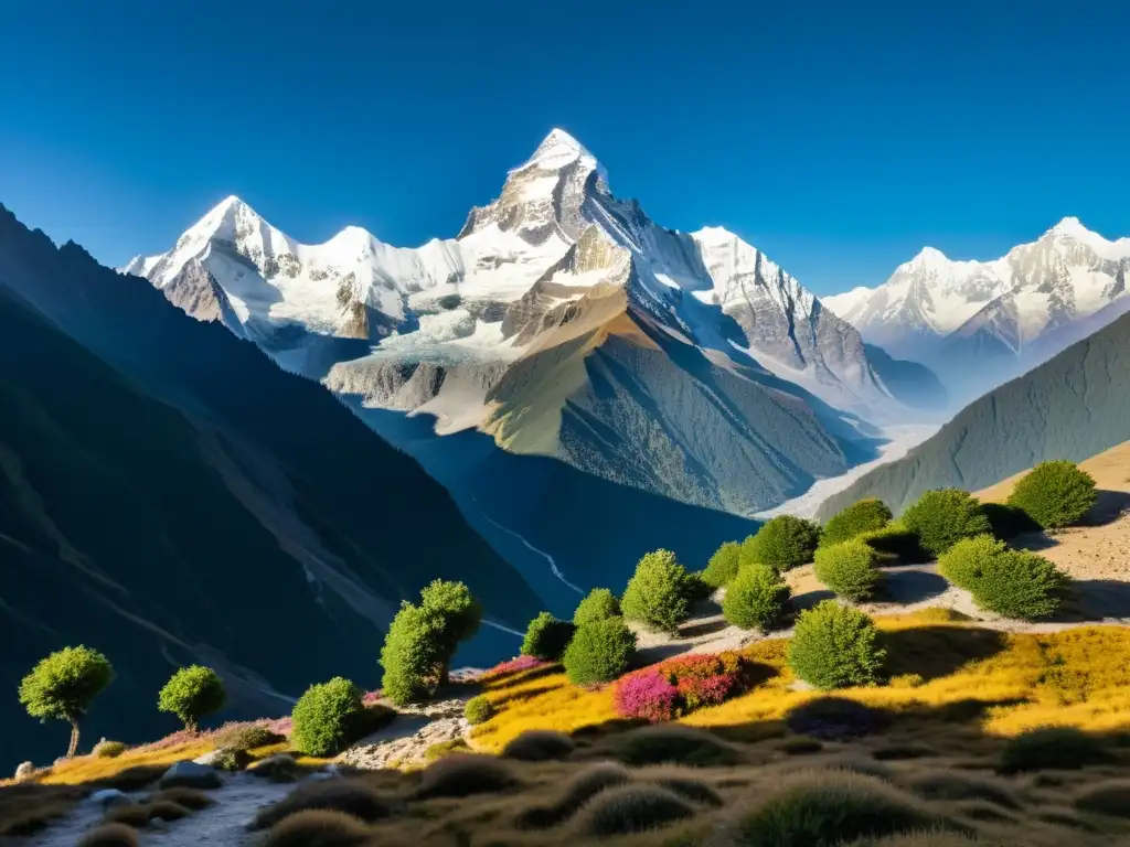 Vistas imponentes de los picos nevados del Himalaya, con un cielo azul cristalino y nubes etéreas