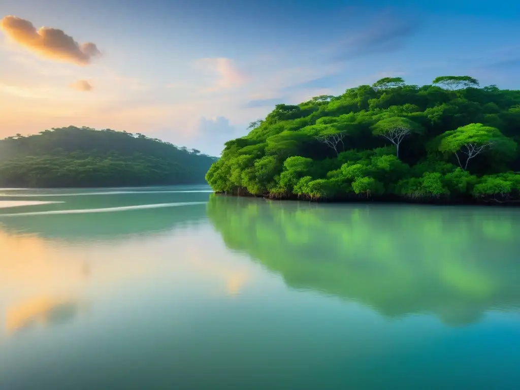 Vital importancia de los estuarios marinos como hábitats de vida marina, con una escena serena de manglares y agua tranquila reflejando el atardecer