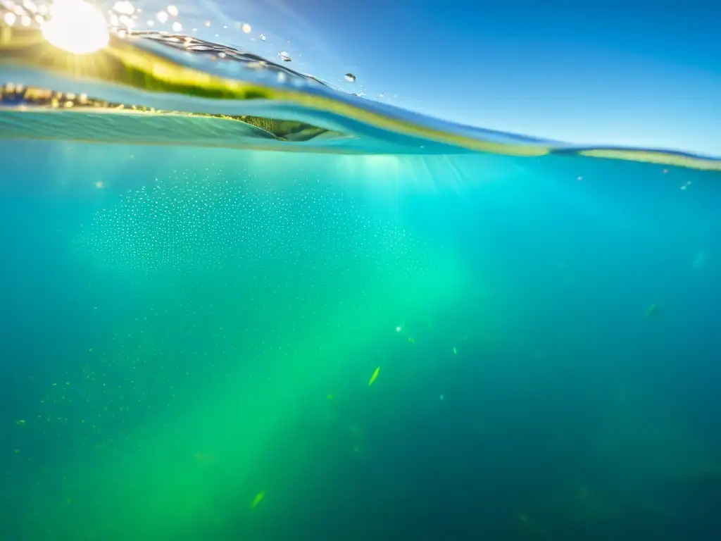 Vital importancia de los microorganismos en los ecosistemas marinos: escena submarina vibrante con microorganismos coloridos en agua cristalina