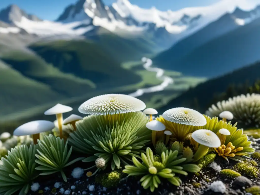 Vital importancia de los microorganismos en ecosistemas alpinos: detalle de vida microscópica entre picos nevados y flora alpina