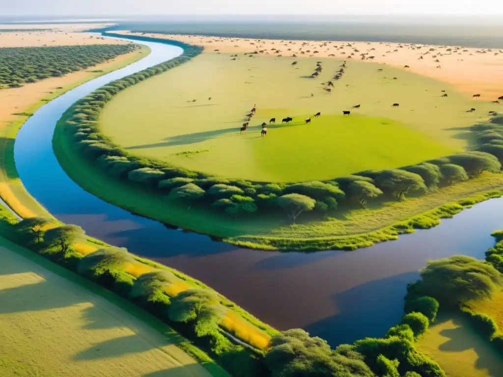 Vital importancia de los recursos hídricos en la pradera de la sabana: amplio paisaje verde con río serpenteante, wildebeests y aves al atardecer