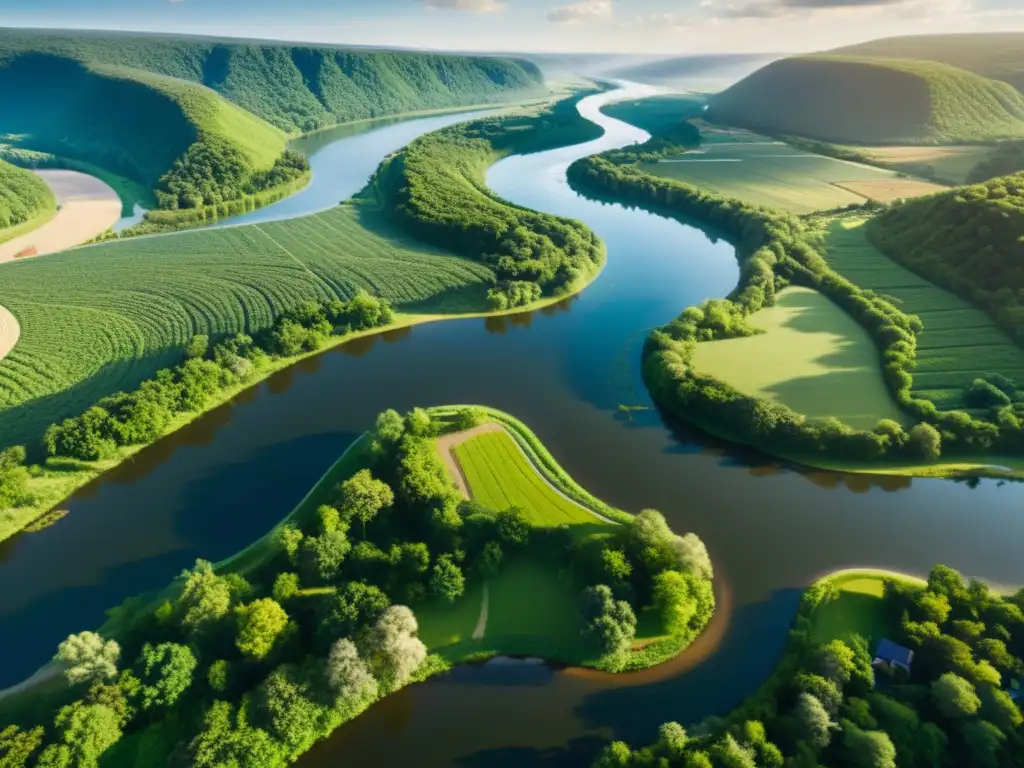 Vital papel del agua dulce en regiones: río serpenteante, bosques exuberantes, comunidades y campos, reflejos del sol en el agua