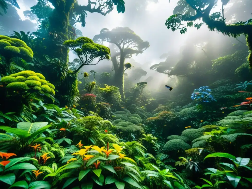 Interacción vital entre polinizadores y flores en un exuberante bosque nublado