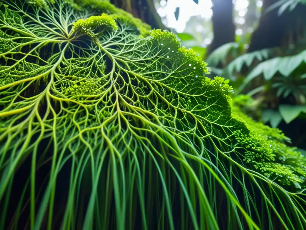 Vívida relación simbiótica hongos plantas selva en la exuberante red de raíces y hongos en la selva tropical