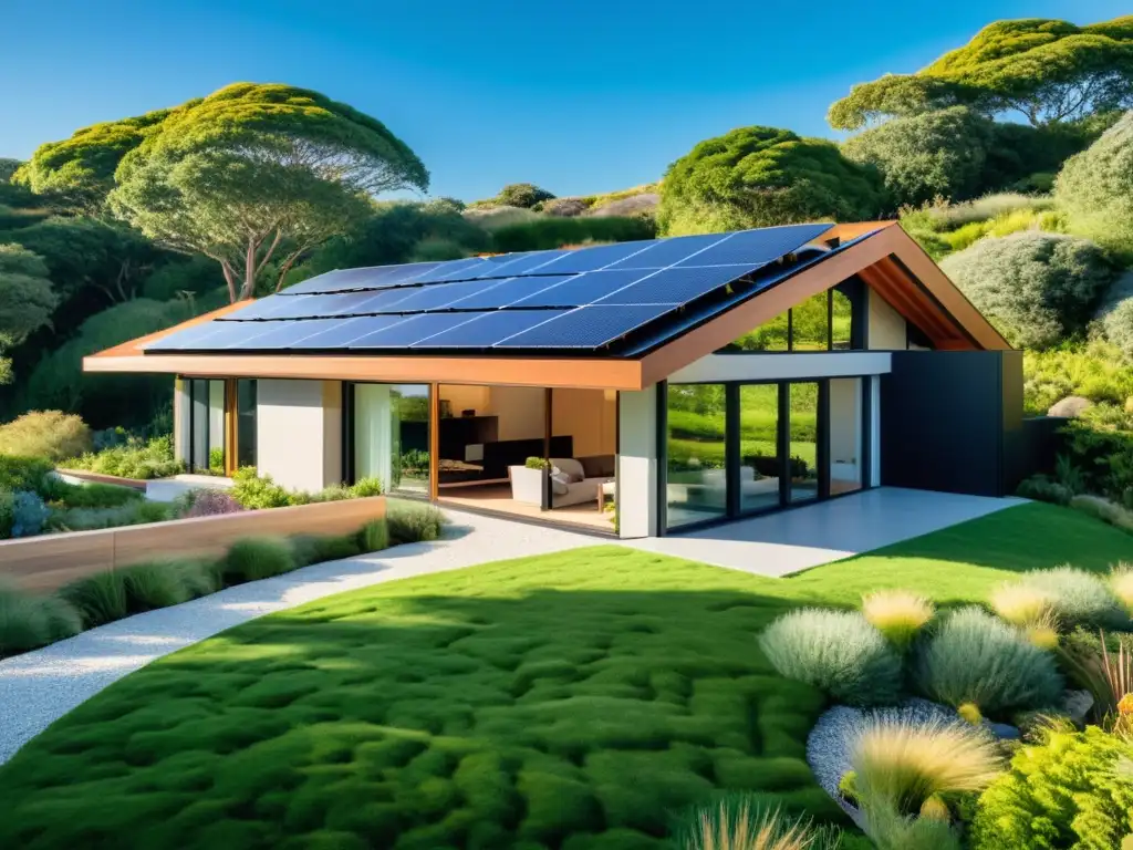 Vivienda ecoamigable con paneles solares, techo verde y jardín nativo