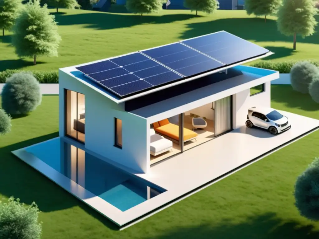 Vivienda moderna con paneles solares, molino de viento y monitor de energía