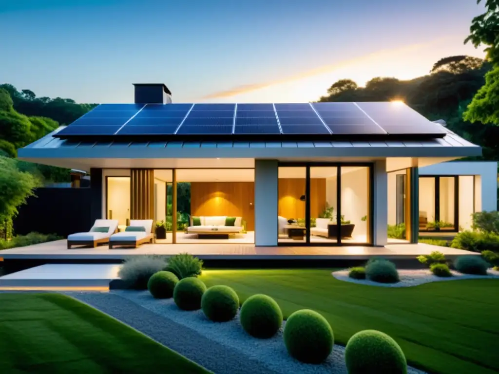 Vivienda moderna y sostenible con paneles solares, integrando tecnología y naturaleza