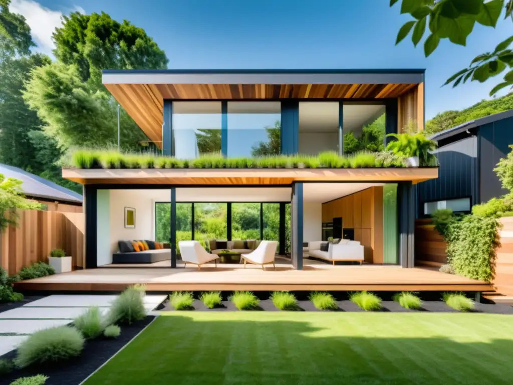 Vivienda sostenible con materiales innovadores, grandes ventanales y decoración verde