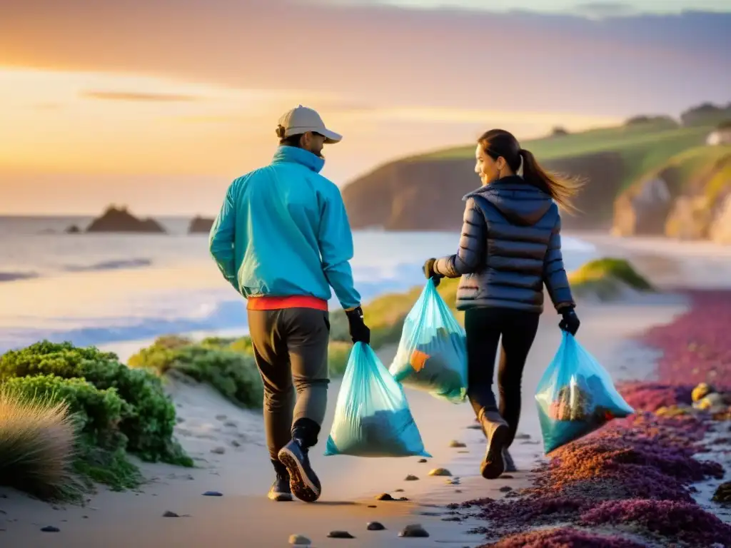 Voluntariado ambiental en ecosistemas del mundo: Grupo recoge basura en la costa al atardecer, con determinación y belleza natural