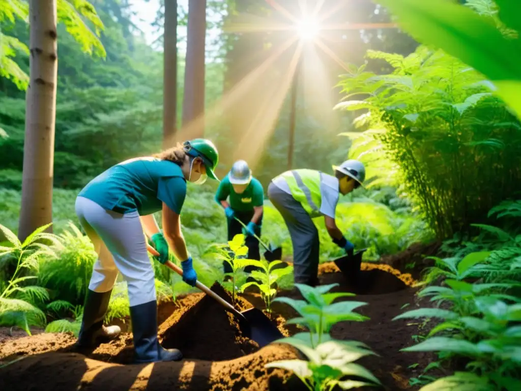 Voluntariado ambiental en ecosistemas del mundo: grupo de voluntarios plantando árboles en un exuberante bosque, fomentando la conservación ambiental