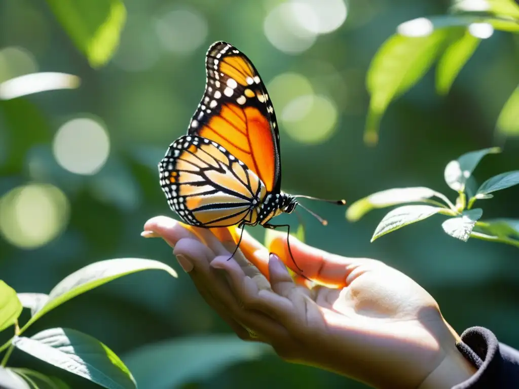 Un voluntario libera con cuidado una mariposa monarca etiquetada en un bosque exuberante