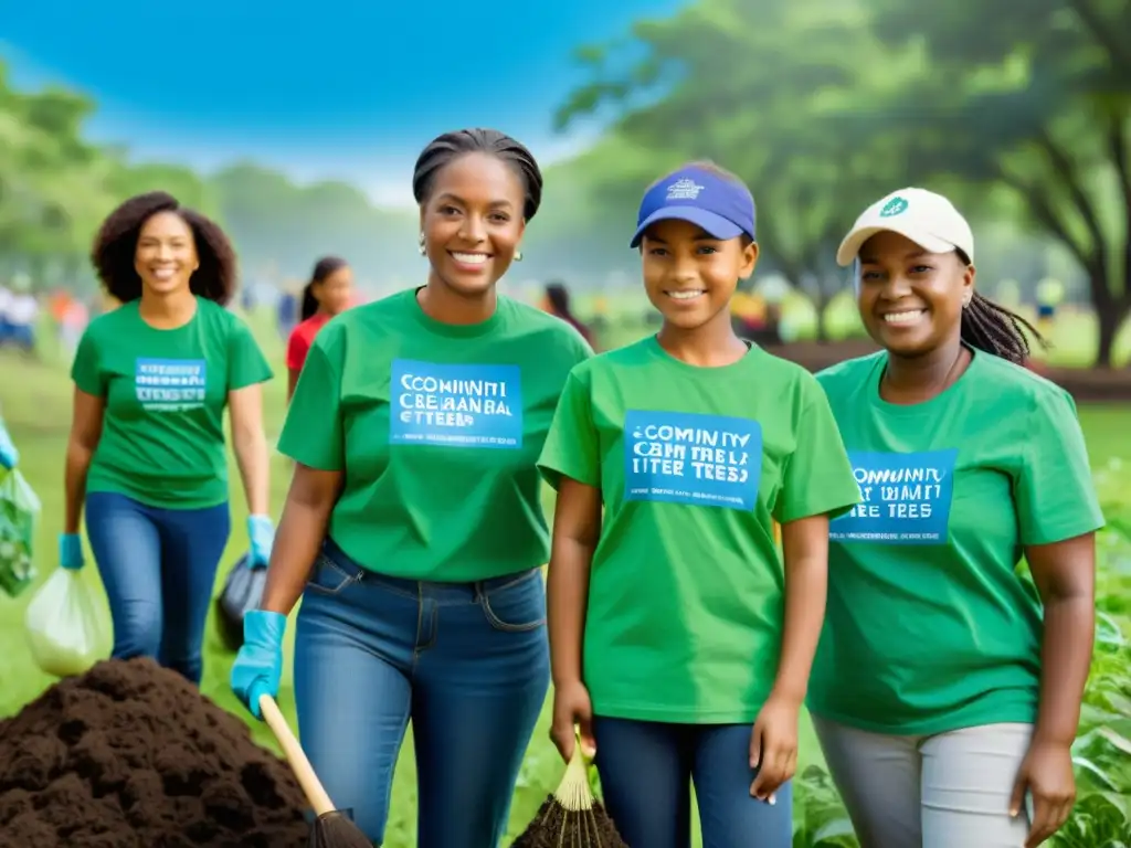 Voluntarios en actividad de limpieza comunitaria en parque urbano, transmitiendo impacto ambiental positivo