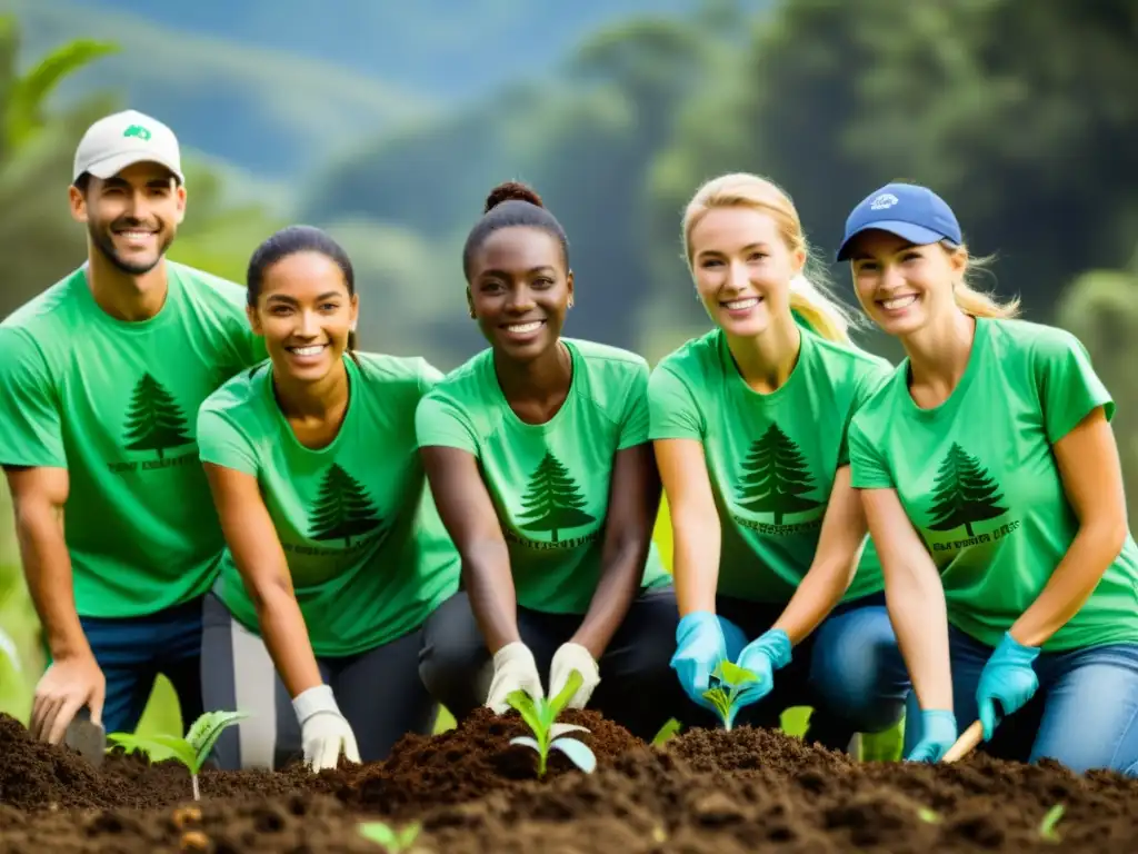 Voluntarios plantando árboles en área deforestada, con camisetas de conciencia ambiental