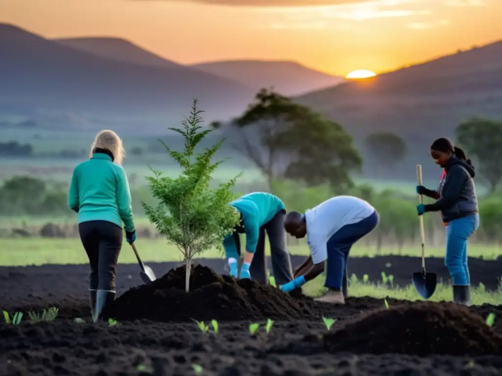 Voluntarios plantan árboles al atardecer en paisaje de conflicto, mostrando esperanza y resiliencia en la conservación en zonas de conflicto