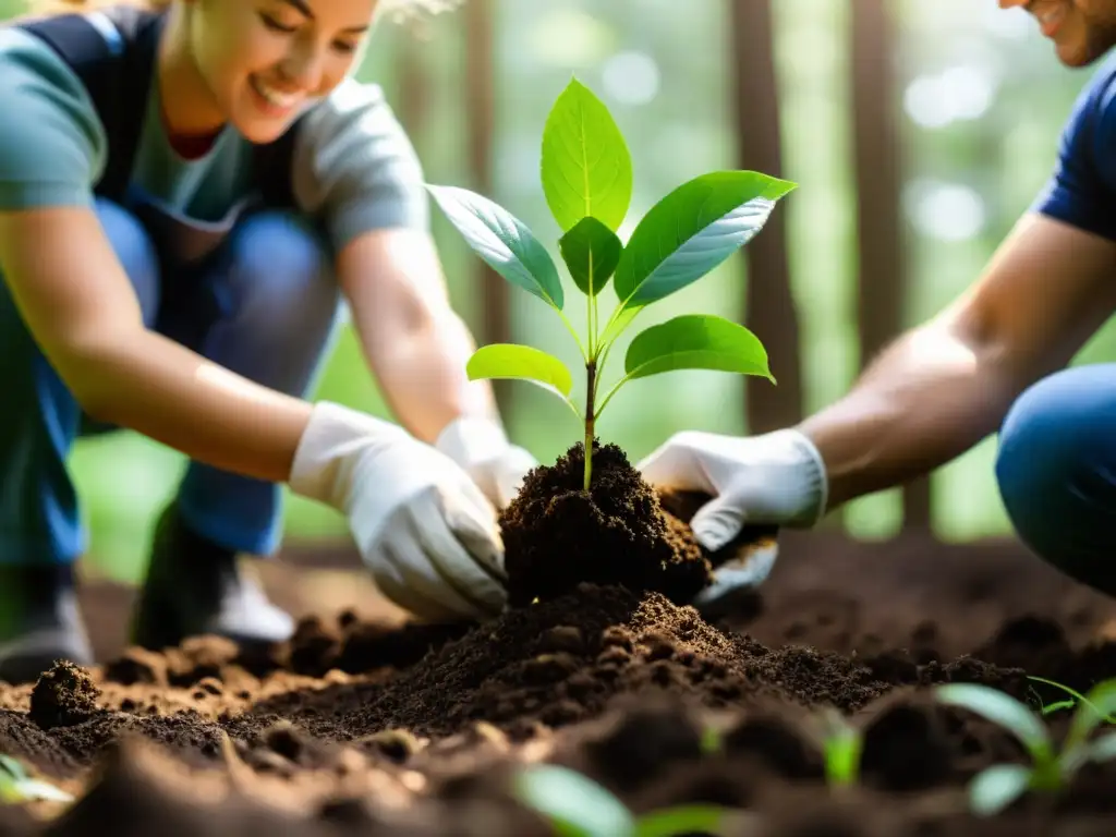 Voluntarios plantando árboles jóvenes en un bosque exuberante