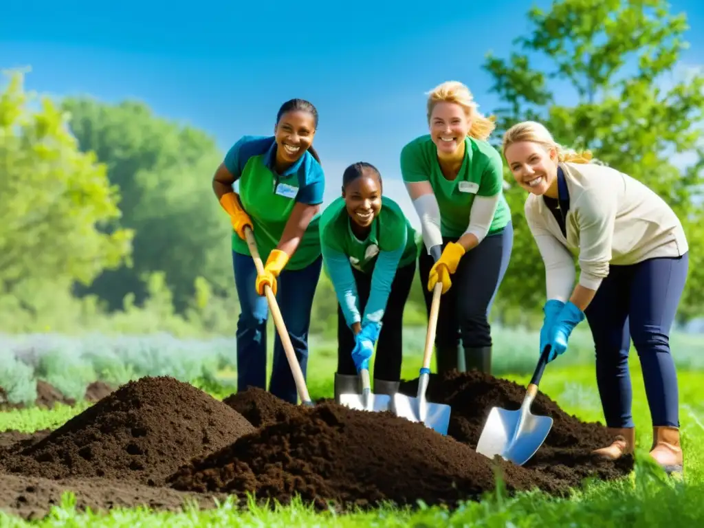 Voluntarios plantando árboles nativos en una pradera soleada, en una escena vibrante de restauración ecológica y plataformas colaborativas