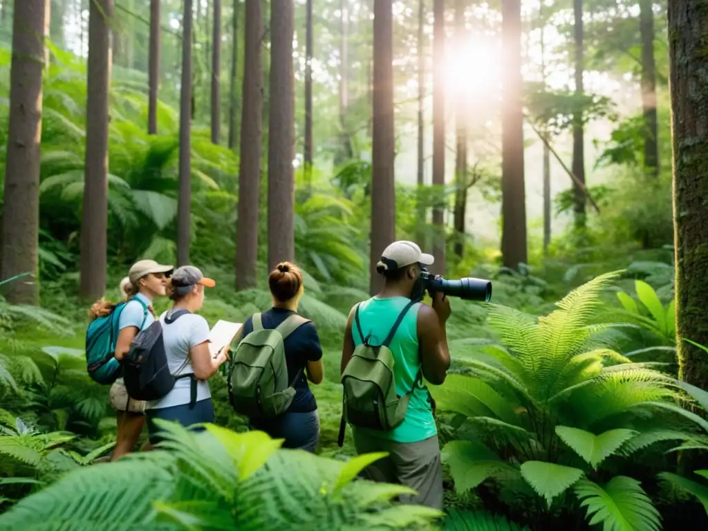 Voluntarios observan aves en un bosque verde, contribuyendo a la ciencia ciudadana ecosistemas conectados