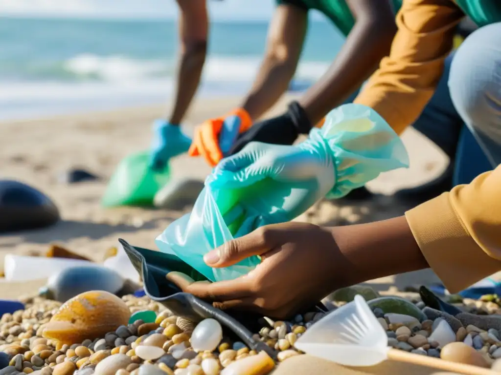 Voluntarios recogiendo basura en la playa para proteger el ambiente