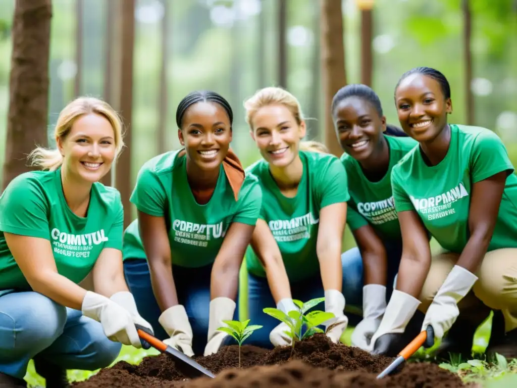 Voluntarios corporativos plantan árboles en un bosque frondoso, mostrando la responsabilidad ambiental de la empresa